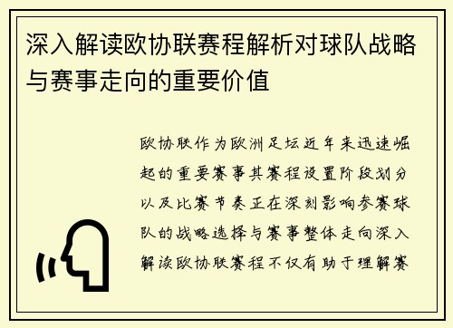 深入解读欧协联赛程解析对球队战略与赛事走向的重要价值